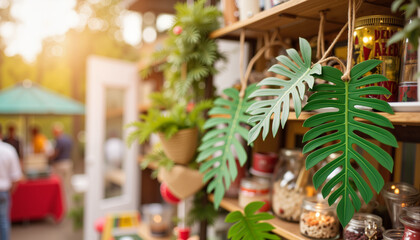 Festive palm leaf ornaments at holiday market booth, seasonal cheer