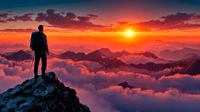 Hiker sunset mountaintop cloudscape adventure travel