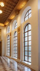 Obraz premium Art Deco Palace: A grand palace designed with intricate geometric patterns, shining chrome accents, and marble facades, reflecting the elegance of the 1920s art deco style, with a grand entrance illum
