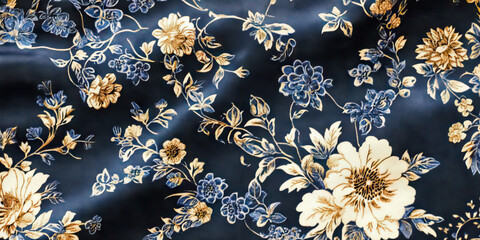 Luxurious Floral Design with Gold and Blue Accents on Dark Satin Fabric