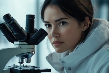 A focused female scientist intently examines a sample through a high-powered microscope in a modern laboratory setting.