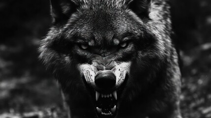 Angry wolf snarling, dark forest, night