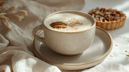 Cozy drink with a pecan tart on a neutral surface, lit by natural light for an inviting presentation.