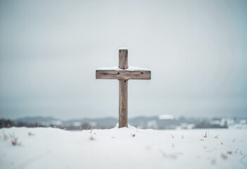 Rustic cross standing in snowy landscape, winter solitude
