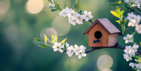 Birdhouse on a Branch: A charming wooden birdhouse perches on a branch adorned with delicate white blossoms, symbolizing the arrival of spring and the promise of new life.  