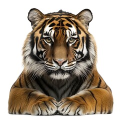 Obraz premium Majestic tiger portrait, intense gaze, white background, wildlife conservation