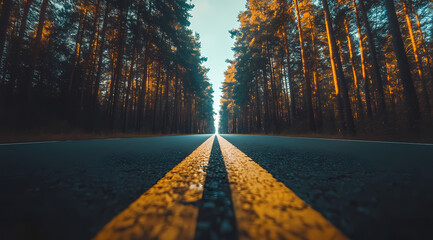 Road to the Horizon: A long road stretching into a sunlit forest, the yellow lines guiding the way through tall pine trees, promising adventure and new beginnings. 