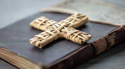 religious symbolism, an intricately woven palm cross and old leather-bound bible symbolize the deep spiritual meaning of palm sunday with a close-up