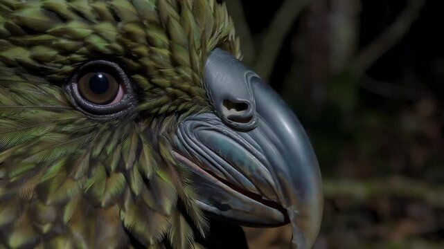 Closeup detailed view of kea parrot head with intricate feather patterns in natural habitat