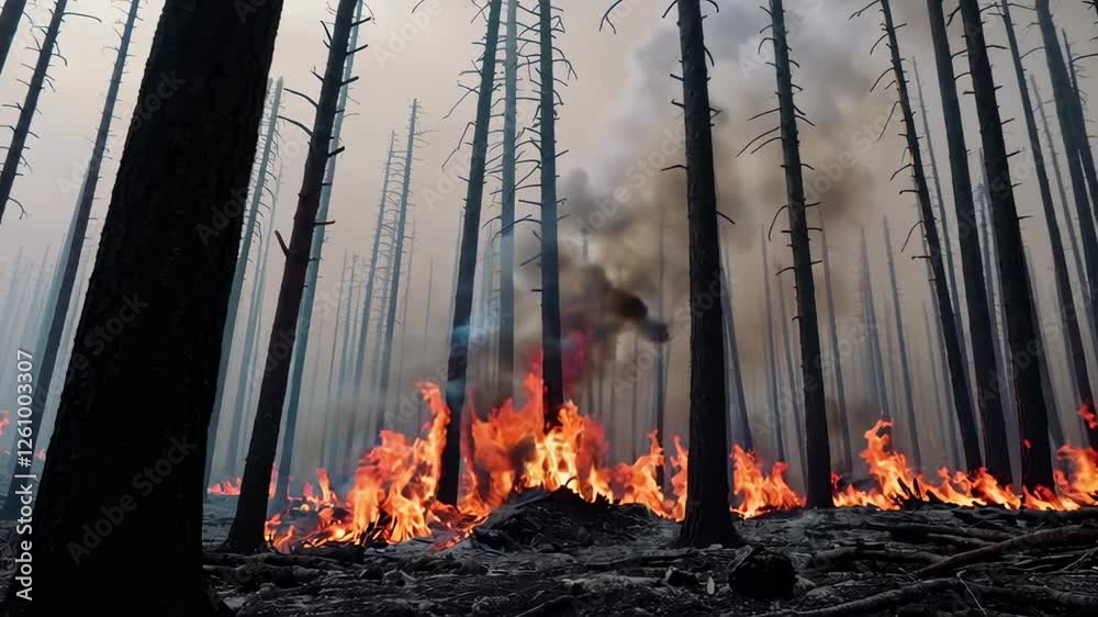 Poster intense flames and smoke rise from burning debris on forest floor, surrounded by charred trees in sl
