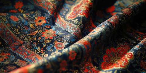 Elegant Floral Fabric with Intricate Red and Blue Patterns