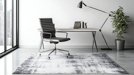 Modern minimalist home office workspace with desk chair and plant