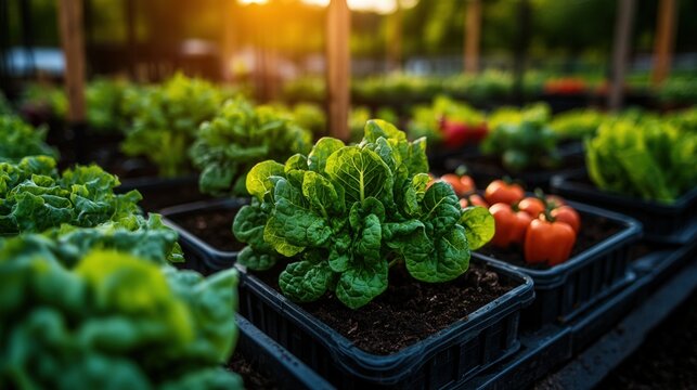 A vibrant vegetable garden flourishes under the warm golden hour sunlight, showcasing fresh greens and ripe tomatoes, representing growth, abundance, and the rewards of nurturing nature.