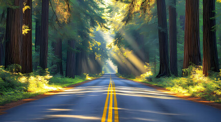 Sunlit Redwood Road: A picturesque road winds through a majestic redwood forest, bathed in the golden light of the setting sun, creating a sense of serenity and adventure. 