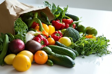 Colorful harvest pouring from a paper bag symbolizes healthy eating and vibrant grocery shopping experience. Generative AI