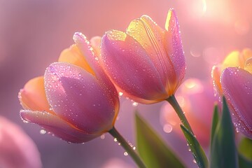 Dewy pink tulips glowing in soft morning sunlight