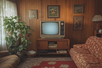 Old fashioned living room showing an old television set and furniture