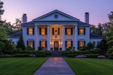 Luxurious colonial house with illuminated windows at dusk
