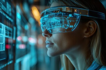 Woman uses augmented reality glasses to view a building's blueprint, showcasing futuristic architectural design.