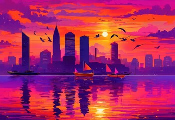 Fototapeta premium vibrant city skyline reflected water during showcasing brilliant colors lively atmosphere, sunset, reflection, buildings, horizon, clouds, orange, pink
