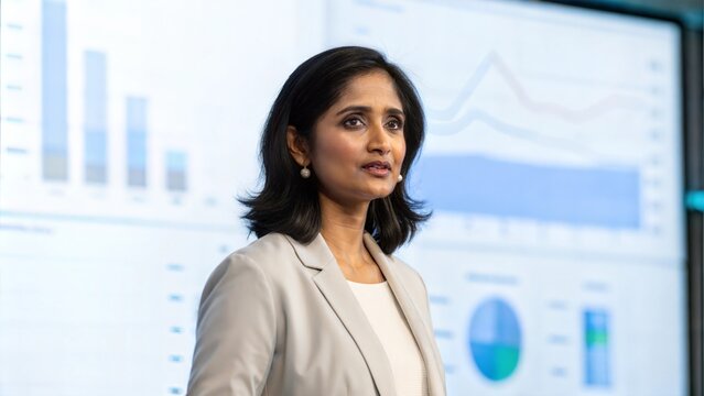 Confident Indian Female Executive Leading Presentation with Interactive Data Visuals	
