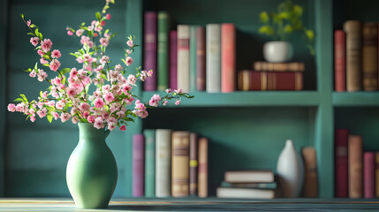Zoom background, bookcases with spring flowers