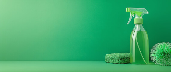 Cleaning supplies in shades of green: spray bottle, towel and scrub brush on green background, demonstrating natural and eco-friendly cleaning products.