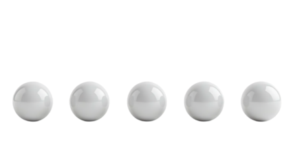 Five shiny, white spheres are evenly spaced in a horizontal line against a transparent background