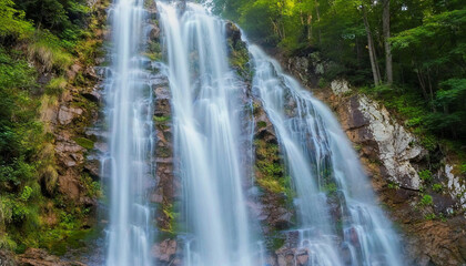 Fototapeta premium Waterfall Orchestra: A cascading waterfall whose flowing water produces musical notes as it flows over rocks. The scene is filled with musical elements like piano keys floating in the air and violin s