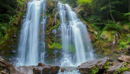 Fototapeta premium Waterfall Orchestra: A cascading waterfall whose flowing water produces musical notes as it flows over rocks. The scene is filled with musical elements like piano keys floating in the air and violin s