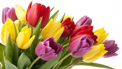 Fototapeta premium Colorful Bouquet of Tulips: Red, Yellow, and Purple Flowers on White Background