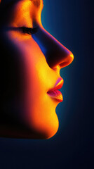 Profile of a woman illuminated by vibrant colors against a dark background showcasing artistic light play