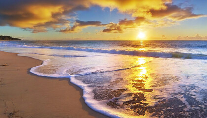 Surreal Soundwaves on a Dreamy Beach: A surreal beach scene where the crashing waves and rippling ocean are visually represented as melodic soundwaves, with musical instruments buried in the sand, and