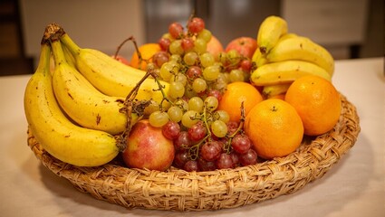 Vibrant fruit platter with apples bananas grapes oranges  mandarines on table