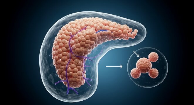 Medical 3D visualization of pancreatic cellular structure with detailed tissue magnification showing clusters of cells. Growing an artificial pancreas