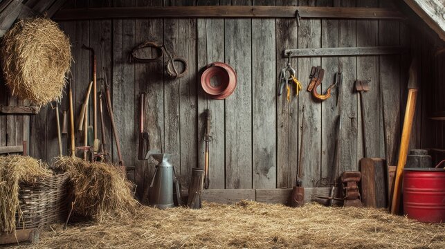 Rustic barn interior, tools, hay, farming