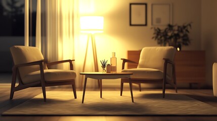 Warm Evening Living Room With Modern Chairs And Lamp