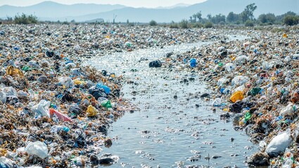 Polluted river with floating plastics