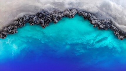 Aerial view of vibrant turquoise ocean meeting dramatic dark volcanic rock formations
