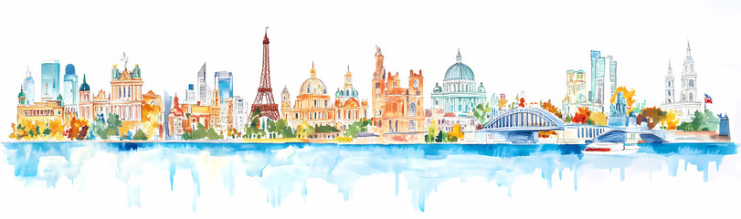 Obraz premium World Cities Skyline Watercolor: A vibrant watercolor painting depicting a panoramic skyline of iconic landmarks from major cities around the globe.