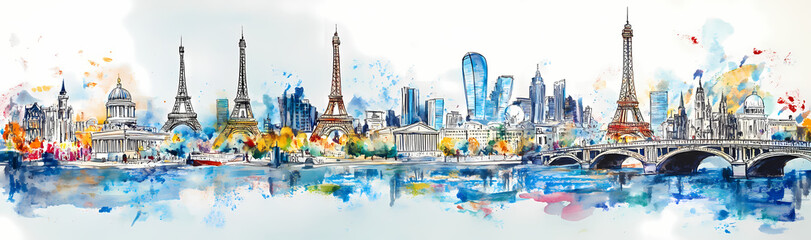 Naklejka premium World Landmarks Watercolor Panorama: A vibrant watercolor painting showcasing iconic landmarks from around the globe.