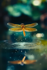A dragonfly flying over a body of water