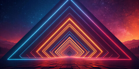 Fototapeta premium A series of glowing neon triangles creates a tunnel effect, leading the eye towards a distant vanishing point. Deep blue and bright orange hues enhance the futuristic feel.AI