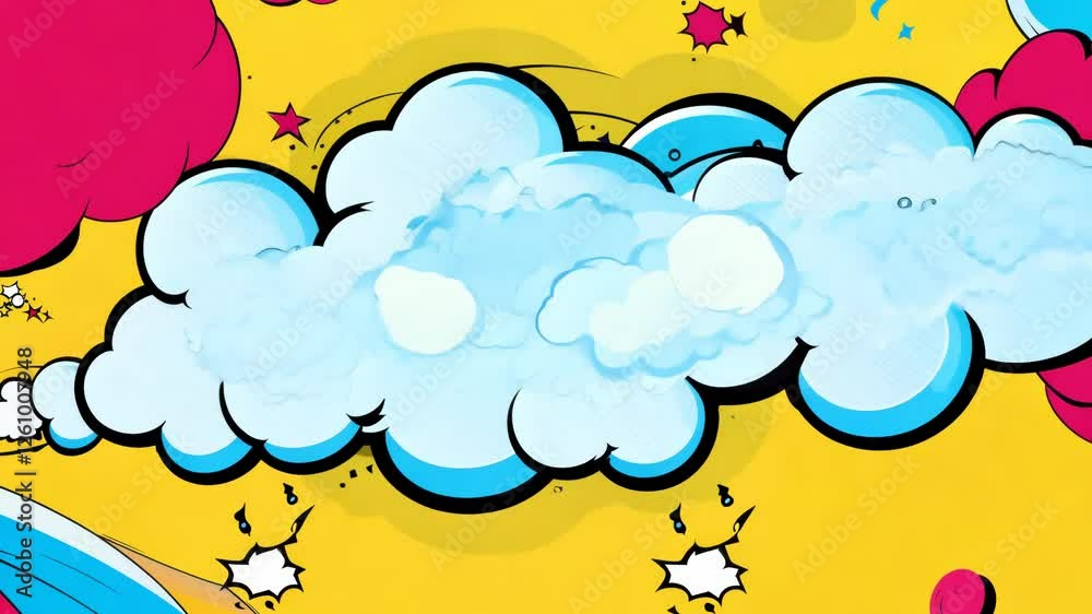 Poster a yellow background with a cartoonish drawing of a cloud. the cloud is pink and has a star in the mi