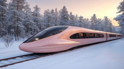 Futuristic Pink High-Speed Train in a Snowy Winter Forest