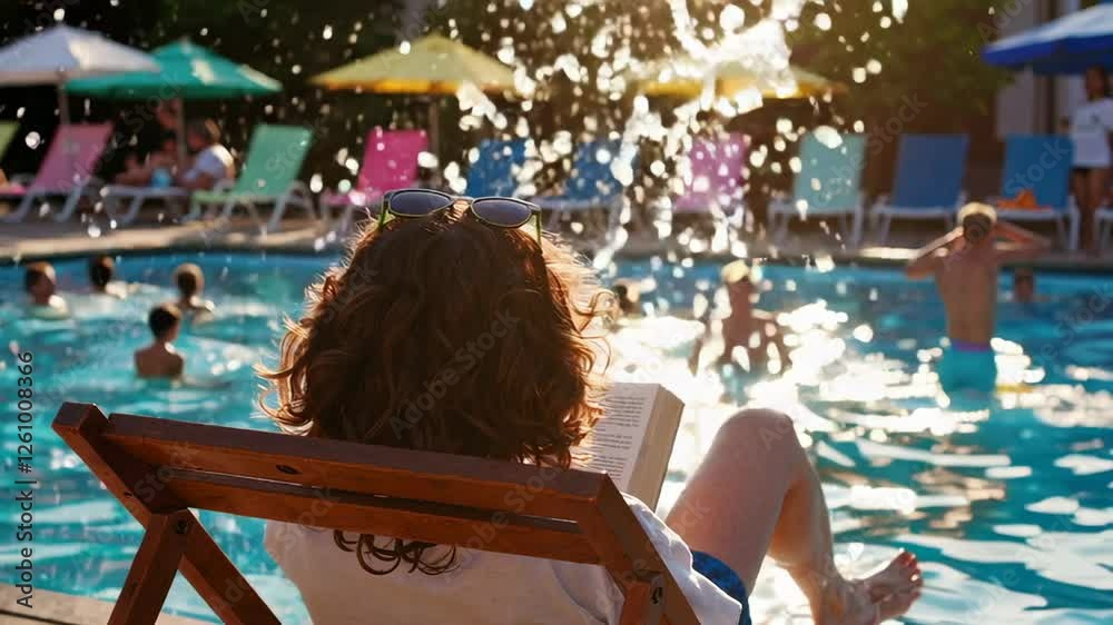 Poster slow motion sequence of a woman wearing sunglasses and relaxing on a deck chair, reading a book by t
