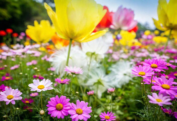 Obraz premium Giant Blooming Flowers: A magical garden scene where massive, translucent flowers bloom, their petals spreading in vibrant colors.