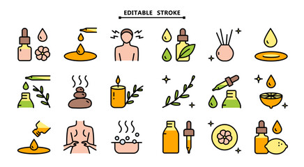 Essential oils aromatherapy vector flat icons set. Editable stroke. Elements - aroma therapy diffuser, incense sticks