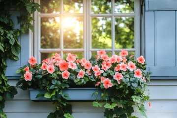 Fototapeta premium Window box bursting with vibrant pink flowers in sunlight