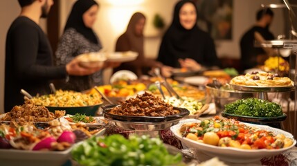 Obraz premium Ramadan Iftar Celebration in a Warm and Welcoming Home, Guests Enjoying Lamb Stew, Salads, and Sweet Desserts with Soft Music in the Background